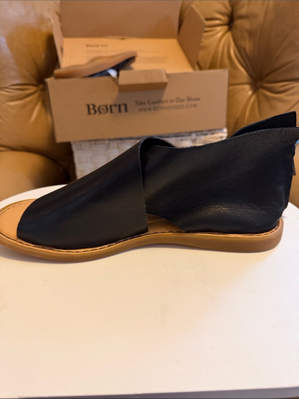 Born Black Leather Slingback Sandals with Tan Outsole - Picture 7 of 10